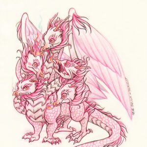 Colored pencil and graphite full body drawing of a red baby hydra dragon with large feathered wings. The hydra has 5 heads, each with it’s own unique expression and personality. The hydra stands upright on 4 paws with it’s tail coining around the front of it’s body.
