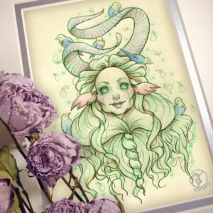 Photograph of a matted print of a graphite and colored pencil chest up portrait drawing of a female faun with green hair and long swirling gray goat horns. The faun faces front staring straight at the viewer with ghostly wide green eyes. Green tears flow from her open eyes down her high cheekbones. She has a gentle smile on her face, and stares forward with a haunting expression. Her hair is intricately coifed into a voluminous center part that flows around her face and then tied into a loose braid under her chin. Loose curls of green tufts of fur fall from her shoulder and over her chest. Blue birds are perched on her horns, hair, and shoulders looking around curiously. Green orbs float about, and small white feathers cascade around the faun in the background. The mat-board is white on the top layer and silver on the second layer. Purple roses rest on top of the print to the left. A small silver stamp with the Terratoff icon is at the bottom right corner of the print.