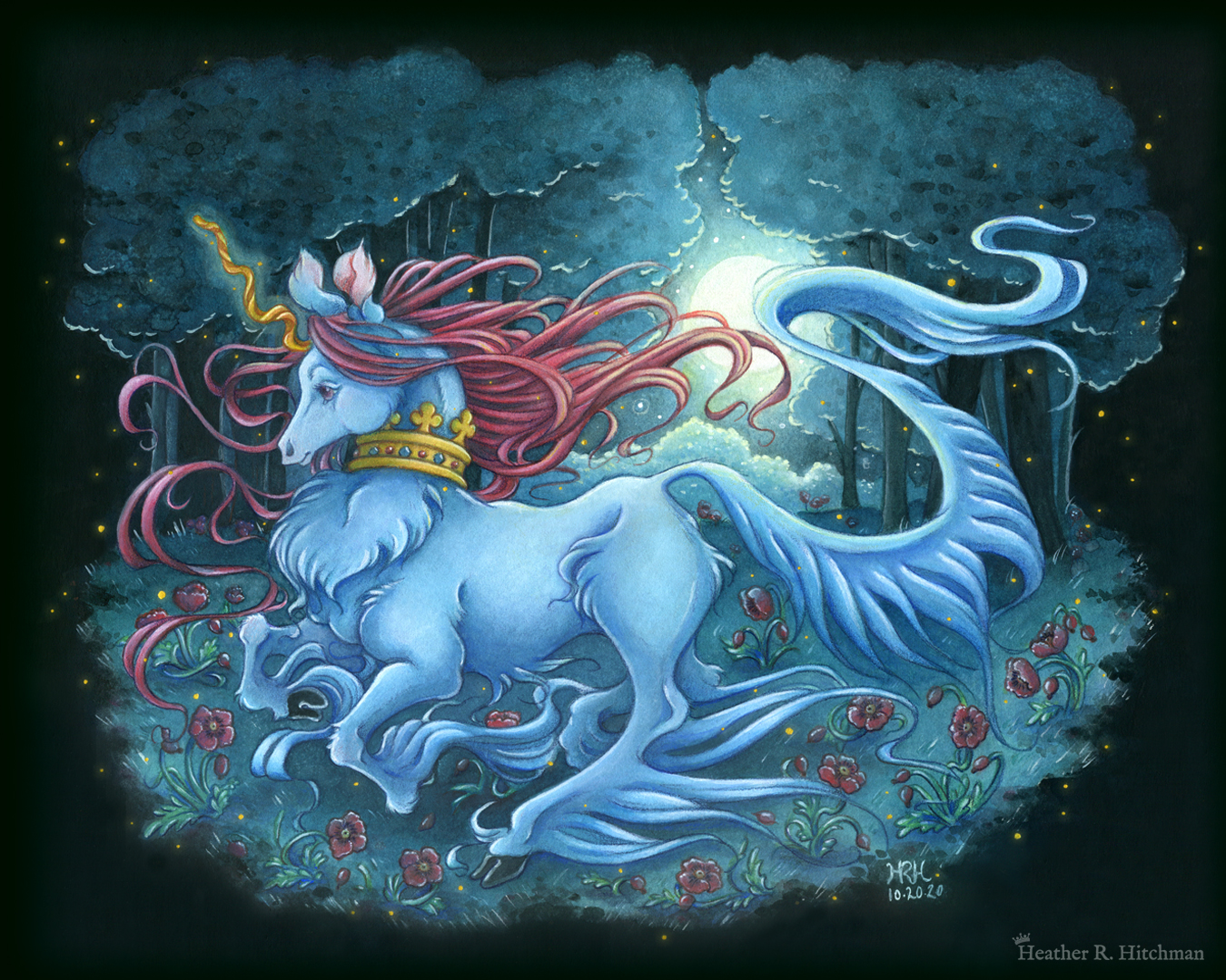 Full body watercolor, gouache, and colored pencil painting of a unicorn running through a moonlit forest. The unicorn has blue fur that flows in elegant tufts from their chest, ankles, and lion-like tail. He has a mane of raspberry red that swirls around in the wind behind the unicorn’s head. The unicorn has a twisting golden horn, and wears a golden crown encrusted with red and blue jewels around their neck. Running in profile to the left with their front hooves close to their chest, the unicorn has a peaceful expression on its face. The background is a cool greenish blue night forest scene, that is surrounded by black. In the field red poppies bloom under the unicorn’s hooves. Trees with dark branches are in the far background, with an opening behind the unicorn that reveals a large full moon glowing white. The scene is sprinkled with tiny golden orbs of light.