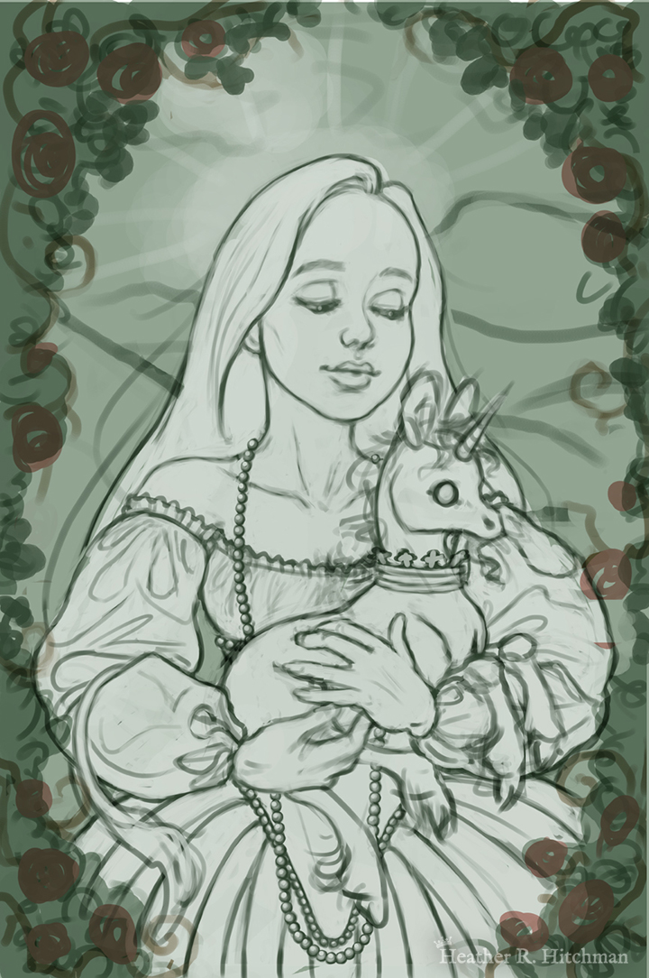 Process photo of a mid leg up digital portrait painting of a woman holding a baby unicorn in her arms. The digital painting is in a sketchy phase and is colored with flat shades of cool green. The woman has long flowing hair, and wears a medieval gown with puffy sleeves and an off the shoulder neckline. The woman looks young, and wears a white pearl necklace that flows down to her skirt. She is facing forward, holding the unicorn towards the right. She looks down with an adoring expression through partially closed eyes. The white unicorn she holds to her chest is a foal, with large eyes, a small horn, and large upright ears. The unicorn has sketched in face, and wears a crown around its neck with a chain attached that is wrapped around one of the woman’s hands. In the background is a daytime landscape scene of rolling green hills. A border of leaves filled with red roses and twisting vines encircles the edges of the scene, arching high above the woman’s head and flowing down the sides partially covering the sides of her dress.