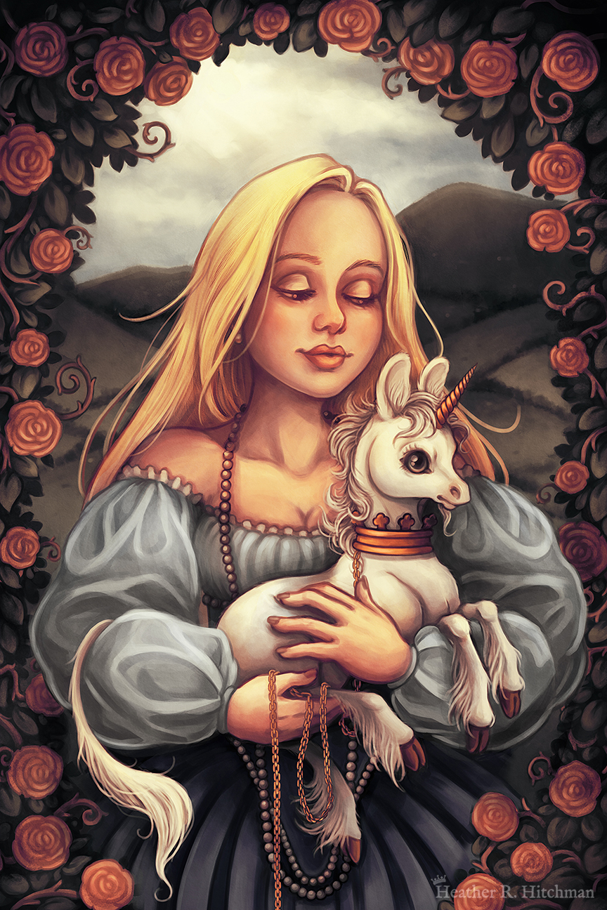 Mid leg up digital portrait painting of a woman holding a baby unicorn in her arms. The woman has long flowing blond hair, and wears a medieval gown of light blue with puffy sleeves and an off the shoulder neckline. The woman look young, and wears a white pearl necklace that flows down to her skirt. She is facing forward, holding the unicorn towards the right. She looks down with an adoring expression through partially closed eyes. The white unicorn she holds to her chest is a foal, with large black eyes, a small golden horn, and large upright ears. The unicorn has a happy expression on its face, and wears a golden crown around its neck with a gold chain attached that is wrapped around one of the woman’s hands. In the background is a daytime landscape scene of rolling green hills. A border of leaves filled with red roses and twisting vines encircles the edges of the scene, arching high above the woman’s head and flowing down the sides partially covering the sides of her dress.