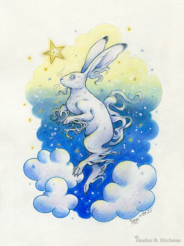 Colored pencil and graphite drawing of a white yule hare with wispy long fur coming from it’s ears, paws, and tail. The hare is floating in profile facing to the left, hovering over 3 large clouds against the gradient of a blue and yellow night sky in the background. The gradient of the sky is in a cloudy shape that frames the clouds and the yule hare. Tiny yellow stars and white snowflakes are scattered around the scene. The hare's head is looking up towards a bright yellow star to the left with a stoic expression.