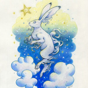 Colored pencil and graphite drawing of a white yule hare with wispy long fur coming from it’s ears, paws, and tail. The hare is floating in profile facing to the left, hovering over 3 large clouds against the gradient of a blue and yellow night sky in the background. The gradient of the sky is in a cloudy shape that frames the clouds and the yule hare. Tiny yellow stars and white snowflakes are scattered around the scene. The hare's head is looking up towards a bright yellow star to the left with a stoic expression.