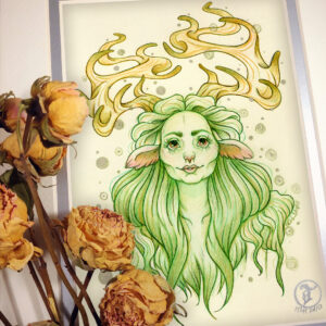 Photograph of a matted print of a graphite and colored pencil chest up portrait drawing of a female faun with long green hair and long swirling deer antlers. The faun faces front staring towards the heavens with wide red eyes. She has a gentle smile on her face, and stares upward with a serene expression. Her hair is intricately coifed into a voluminous center part that flows around her face and over her chest. Loose curls of green tufts of fur fall from her shoulder and over her chest. Silver orbs float around the faun in the background. The mat-board is white on the top layer and silver on the second layer. Yellow roses rest on top of the print to the left. A small silver stamp with the Terratoff icon is at the bottom right corner of the print.