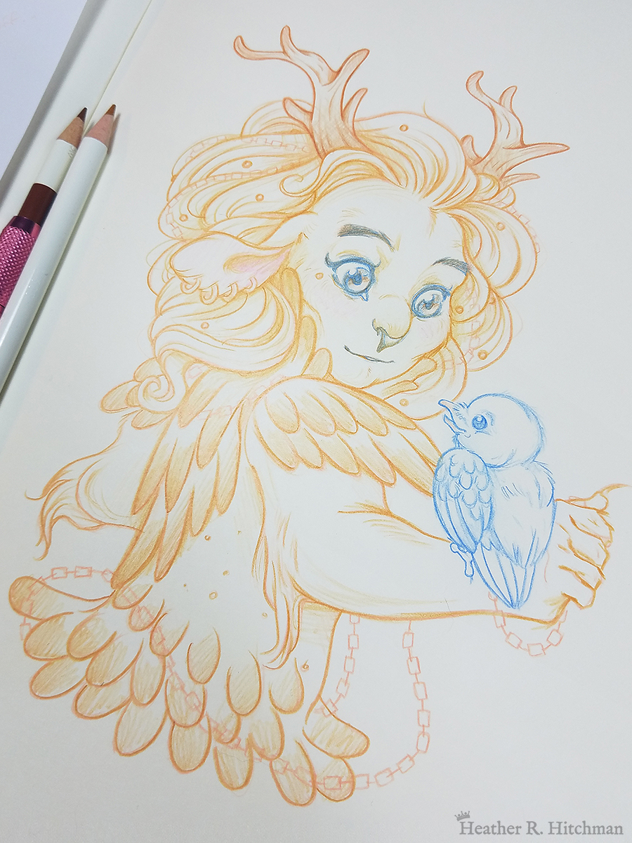 Process photograph of a graphite and colored pencil hips up portrait drawing of a child female faun with golden fur, orange eyes, and branch like antlers. The faun is wearing golden armor that looks like feathers, and has copper chains woven through her golden mane that flow around her body. She has four gold hoop piercings in her right ear, and a tiny golden stud piercing below the outside corner of her right eye. The faun stands with her back to the viewer, looking over her right shoulder at a small raven hatchling that stands on her right arm. The raven looks up at the faun with a happy expression. The faun looks back at the raven with a subdued pleasantly surprised expression. The faun child looks youthful, and yet has undeniable strong bone structure that makes her look somewhat like a lioness in the face. Two brown colored pencils rest on top of the drawing to the left.