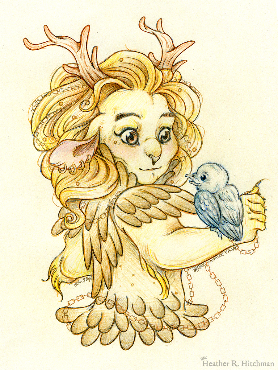 Graphite and colored pencil hips up portrait drawing of a child female faun with golden fur, orange eyes, and branch like antlers. The faun is wearing golden armor that looks like feathers, and has copper chains woven through her golden mane that flow around her body. She has four gold hoop piercings in her right ear, and a tiny golden stud piercing below the outside corner of her right eye. The faun stands with her back to the viewer, looking over her right shoulder at a small raven hatchling that stands on her right arm. The raven looks up at the faun with a happy expression. The faun looks back at the raven with a subdued pleasantly surprised expression. The faun child looks youthful, and yet has undeniable strong bone structure that makes her look somewhat like a lioness in the face.