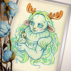 Photograph of a matted print of a graphite and colored pencil chest up portrait drawing of a child female faun with soft blueish green fur, large blue eyes, and small moose antlers. The faun’s fur is gathered into a poofy collar around her neck, creating the illusion of a ruff. The fur gathered at her shoulders looks similar to shoulder pads. She is posing at a ¾ angle to the left holding a tiny swan gosling in her hands. The gosling is wearing a tiny gold crown on its head and is looking up at the faun adoringly. The faun looks back down at the gosling, blushing with a smile on her face. Her long straight blond hair cascades around her back and shoulders, decorated with small green fern leaves. The mat-board is white on the top layer and silver on the second layer. Blue roses rest on top of the print to the left. A small silver stamp with the Terratoff icon is at the bottom right corner of the print.