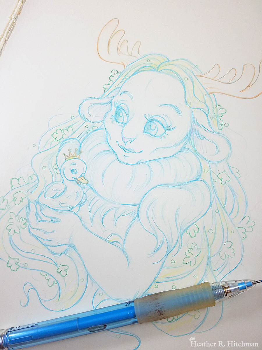 Process photograph of a colored pencil chest up portrait drawing of a child female faun with soft blueish green fur, large blue eyes, and small moose antlers. The faun’s fur is gathered into a poofy collar around her neck, creating the illusion of a ruff. The fur gathered at her shoulders looks similar to shoulder pads. She is posing at a ¾ angle to the left holding a tiny swan gosling in her hands. The gosling is wearing a tiny gold crown on its head and is looking up at the faun adoringly. The faun looks back down at the gosling, blushing with a smile on her face. Her long straight blond hair cascades around her back and shoulders, decorated with small green fern leaves. A blue mechanical colored pencil is resting on the bottom of the drawing.