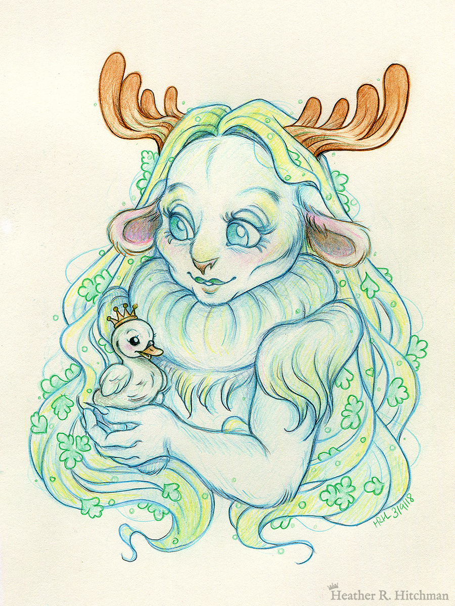 Graphite and colored pencil chest up portrait drawing of a child female faun with soft blueish green fur, large blue eyes, and small moose antlers. The faun’s fur is gathered into a poofy collar around her neck, creating the illusion of a ruff. The fur gathered at her shoulders looks similar to shoulder pads. She is posing at a ¾ angle to the left holding a tiny swan gosling in her hands. The gosling is wearing a tiny gold crown on its head and is looking up at the faun adoringly. The faun looks back down at the gosling, blushing with a smile on her face. Her long straight blond hair cascades around her back and shoulders, decorated with small green fern leaves.