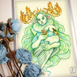 Photograph of a matted print of a graphite and colored pencil waist up portrait drawing of a female faun with flowing blond hair, wide blue eyes, and large moose antlers. The faun’s fur is gathered into a poofy collar around her neck, creating the illusion of a large ruff. The fur gathered at her shoulders looks similar to shoulder pads. She wears a transparent blue dress with off the shoulder sleeves. Her long whitish blond hair is covered in little green fern leaves and falls behind her back to her hips. Hugging an adult swan up to her torso, the faun looks upwards and to the left with a forlorn expression. A pointed crown with tiny green gemstones sits upon the faun’s head. A similar crown is worn around the swan’s neck. The mat-board is white on the top layer and silver on the second layer. Blue roses rest on top of the print to the left. A small silver stamp with the Terratoff icon is at the bottom right corner of the print.