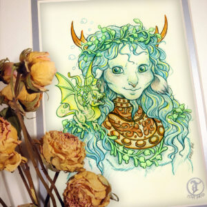 Photograph of a matted print of a graphite and colored pencil chest up portrait drawing of a male faun with teal hair and small pointed wood antlers. The faun is facing ¾ to the right and wears the copper collar of an old diving helmet around his neck like a necklace. His long wavy hair looks wet and has strands of green seaweed entangled around his crown and chest. The faun’s build is muscular yet lean, with defined cheekbones and striking green eyes. The faun is looking over to the left with a smirk on his face towards a small green water dragon perched on his shoulder. The water dragon is lifting it’s wings into the air with excitement looking back at the faun. The mat-board is white on the top layer and silver on the second layer. Yellow roses rest on top of the print to the left. A small silver stamp with the Terratoff icon is at the bottom right corner of the print.