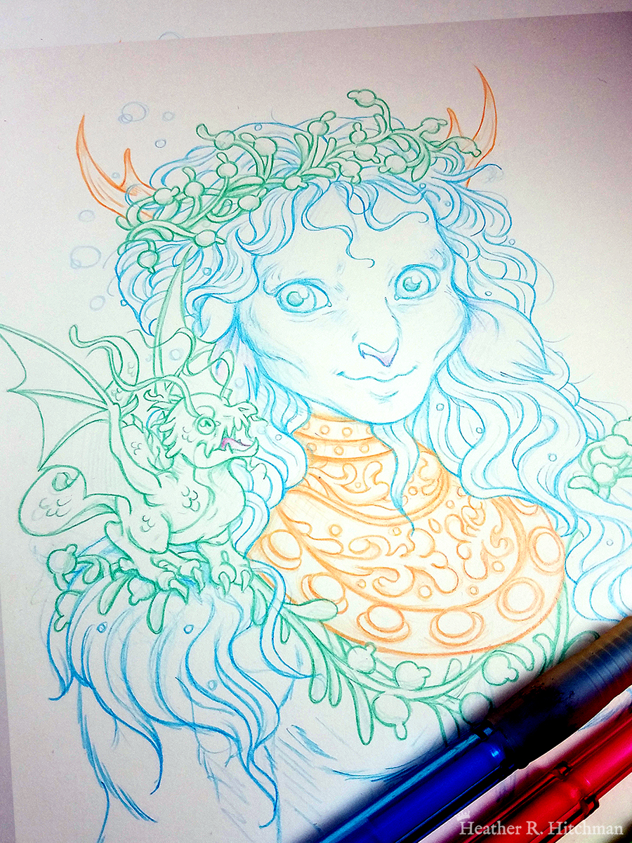 Process photograph of a colored pencil chest up portrait drawing of a male faun with teal hair and small pointed wood antlers. The faun is facing ¾ to the right and wears the copper collar of an old diving helmet around his neck like a necklace. His long wavy hair looks wet and has strands of green seaweed entangled around his crown and chest. The faun’s build is muscular yet lean, with defined cheekbones and striking green eyes. The faun is looking over to the left with a smirk on his face towards a small green water dragon perched on his shoulder. The water dragon is lifting it’s wings into the air with excitement looking back at the faun. Two mechanical colored pencils are on top of the drawing in the bottom right corner.