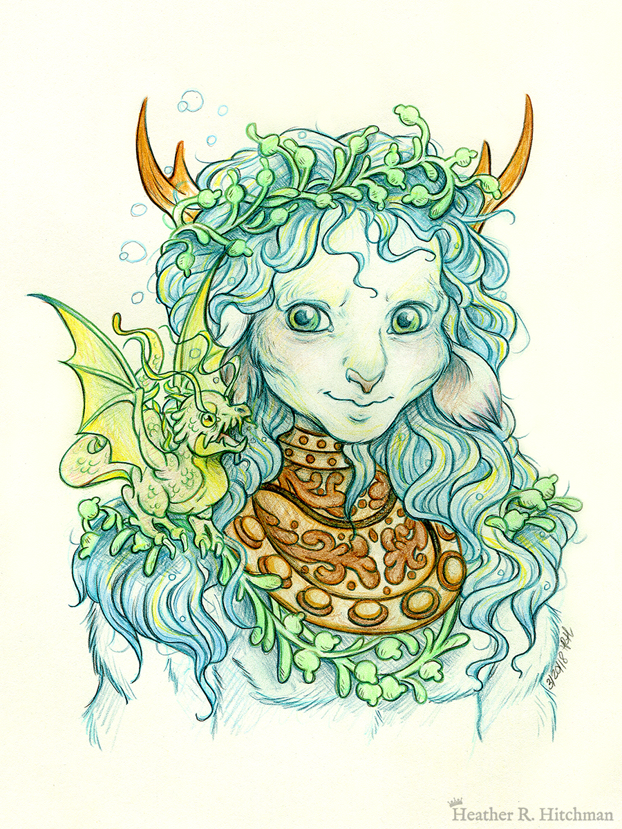 Graphite and colored pencil chest up portrait drawing of a male faun with teal hair and small pointed wood antlers. The faun is facing ¾ to the right and wears the copper collar of an old diving helmet around his neck like a necklace. His long wavy hair looks wet and has strands of green seaweed entangled around his crown and chest. The faun’s build is muscular yet lean, with defined cheekbones and striking green eyes. The faun is looking over to the left with a smirk on his face towards a small green water dragon perched on his shoulder. The water dragon is lifting it’s wings into the air with excitement looking back at the faun.
