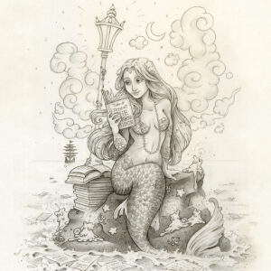 Black and white graphite full body drawing of a mermaid reading a book under the moonlight while sitting on a rock in the middle of the sea. The rock is covered in glowing candles and also has a pile of books besides the mermaid’s tail. An old fashioned street lantern covered in barnacles is attached to the rock, illuminating the night around the mermaid’s face. Gentle waves wash up against the rock. Loose pages from books float in the water into the distance, leading towards a mysterious ship that vanishes into the night. Puffy fish shaped clouds fill the nigh sky surrounding a crescent moon. The mermaid is holding a book in her right hand up to her face. Her other hand is placed behind her as she leans back slightly, her left arm supporting her weight. Her body faces the viewer, and she has a peaceful smile as she looks towards the book and reads. The mermaid is holding a book in her right hand up to her face. Her other hand is placed behind her as she leans back slightly, her left arm supporting her weight. Her body faces the viewer, and she has a peaceful smile as she looks towards the book and reads.