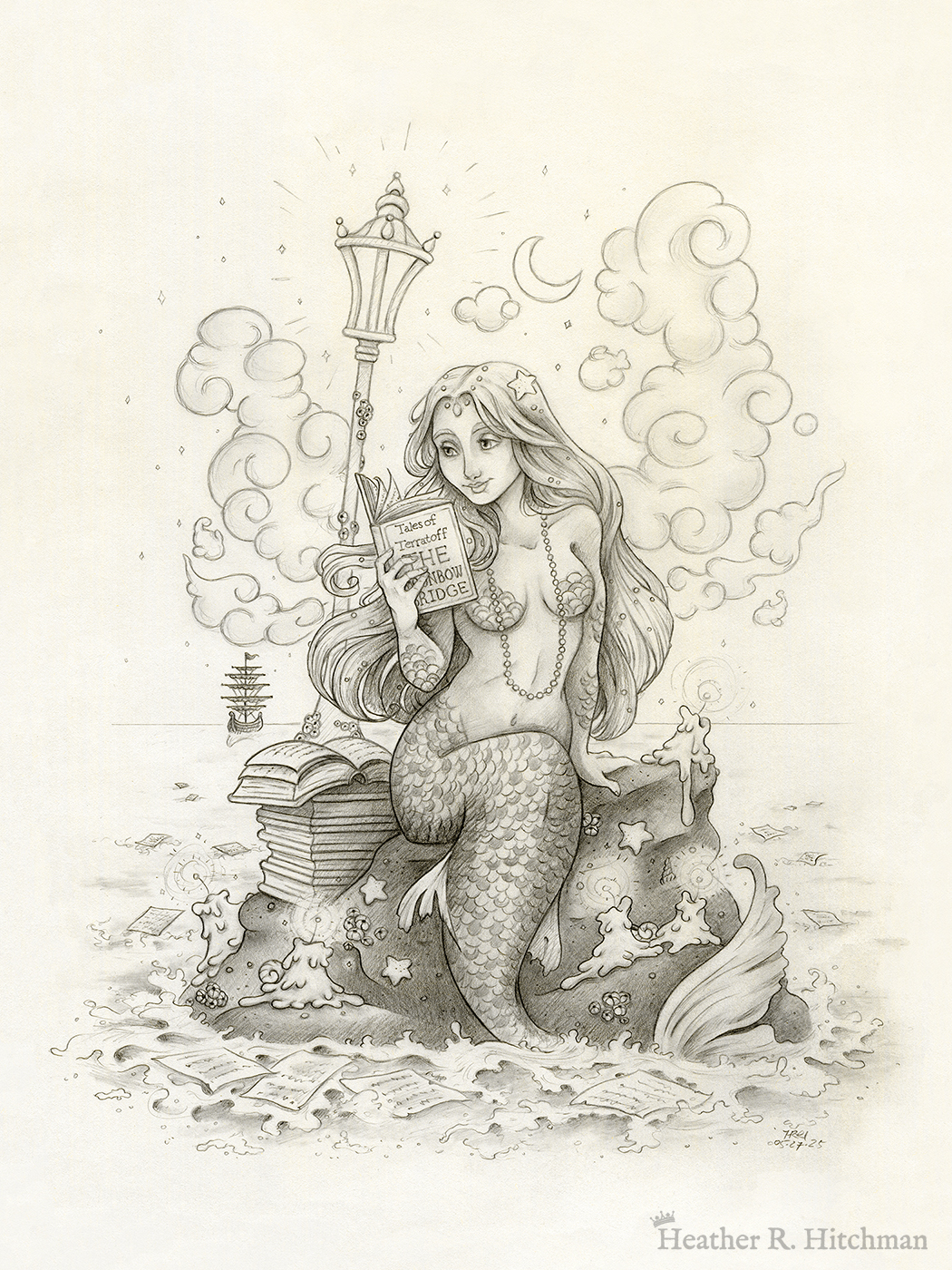 Black and white graphite full body drawing of a mermaid reading a book under the moonlight while sitting on a rock in the middle of the sea. The rock is covered in glowing candles and also has a pile of books besides the mermaid’s tail. An old fashioned street lantern covered in barnacles is attached to the rock, illuminating the night around the mermaid’s face. Gentle waves wash up against the rock. Loose pages from books float in the water into the distance, leading towards a mysterious ship that vanishes into the night. Puffy fish shaped clouds fill the nigh sky surrounding a crescent moon. The mermaid is holding a book in her right hand up to her face. Her other hand is placed behind her as she leans back slightly, her left arm supporting her weight. Her body faces the viewer, and she has a peaceful smile as she looks towards the book and reads. The mermaid is holding a book in her right hand up to her face. Her other hand is placed behind her as she leans back slightly, her left arm supporting her weight. Her body faces the viewer, and she has a peaceful smile as she looks towards the book and reads.