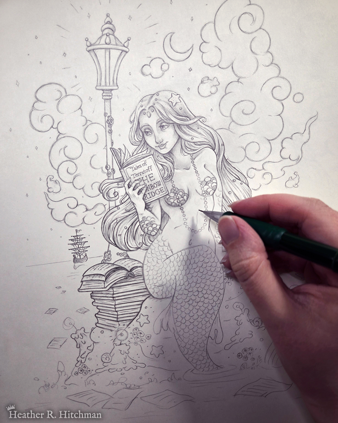 In process black and white graphite full body drawing of a mermaid reading a book under the moonlight while sitting on a rock in the middle of the sea. The rock is covered in glowing candles and also has a pile of books besides the mermaid’s tail. An old fashioned street lantern covered in barnacles is attached to the rock, illuminating the night around the mermaid’s face. Gentle waves wash up against the rock. Loose pages from books float in the water into the distance, leading towards a mysterious ship that vanishes into the night. Puffy fish shaped clouds fill the nigh sky surrounding a crescent moon. The mermaid is holding a book in her right hand up to her face. Her other hand is placed behind her as she leans back slightly, her left arm supporting her weight. Her body faces the viewer, and she has a peaceful smile as she looks towards the book and reads.