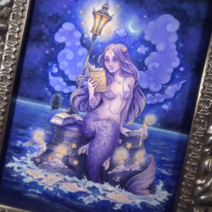 Watercolor and gouache full body painting of a purple mermaid reading a book under the moonlight while sitting on a gray rock in the middle of the sea. The rock is covered in glowing candles and also has a pile of books besides the mermaid’s tail. An old fashioned street lantern covered in barnacles is attached to the rock, illuminating orange light against a dark blue night sky. Gentle blue waves wash up against the rock. Loose white pages from books float in the water into the distance, leading towards a mysterious black ship that vanishes into the night. Puffy light blue fish shaped clouds fill the nigh sky surrounding a crescent moon. The mermaid is holding a book in her right hand up to her face. Her other hand is placed behind her as she leans back slightly, her left arm supporting her weight. Her body faces the viewer, and she has a peaceful smile as she looks towards the book and reads. The painting is in a silver ornate frame.