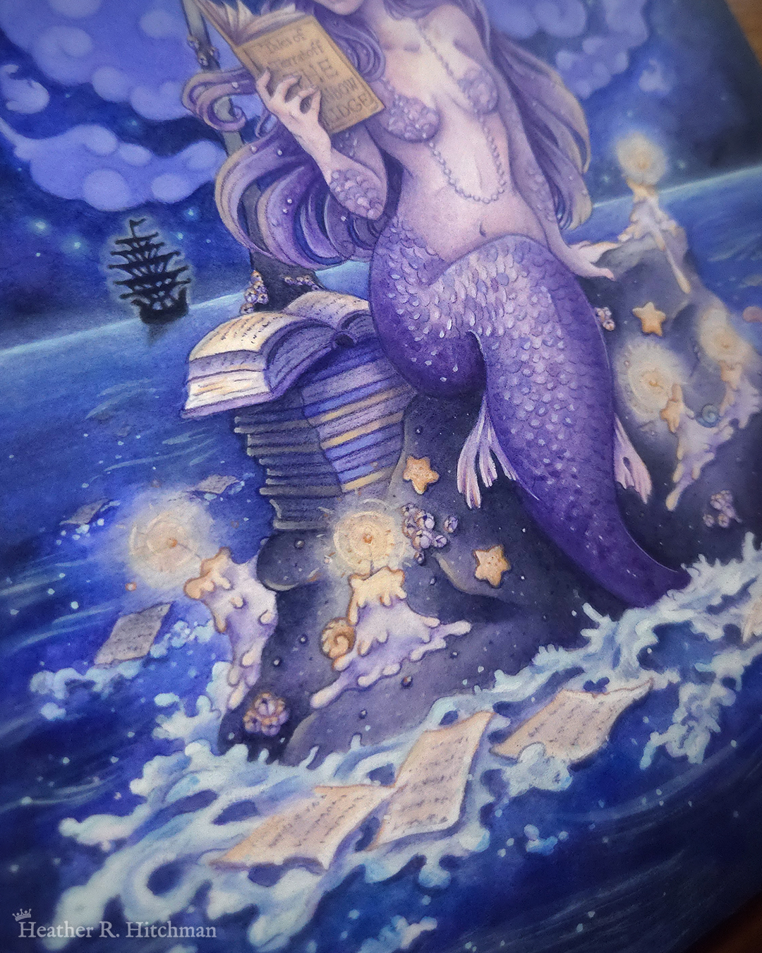 Close up of a watercolor and gouache painting of a purple mermaid reading a book under the moonlight while sitting on a gray rock in the middle of the sea. The closeup is focused on the mermaid’s tail. The rock is covered in glowing candles and also has a pile of books besides the mermaid’s tail. Gentle blue waves wash up against the rock. Loose white pages from books float in the water into the distance, leading towards a mysterious black ship that vanishes into the night.