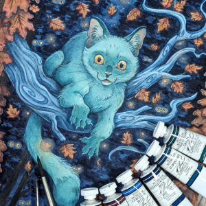 Watercolor and gouache painting of a spooky teal green cat lounging on a light blue branch in a spooky autumn forest at night. Orange red leaves frame the foreground, while a dark blue forest of trees and haunting glowing yellow eyes are behind the cat. A tiny crescent moon is visible between the background trees in the far distance. The cat is leaning forward over the branch, its yellow eyes piercing towards the viewer with a mischievous expression. Watercolor paint tubes and brushes rest over top of the painting surface in the bottom right corner.