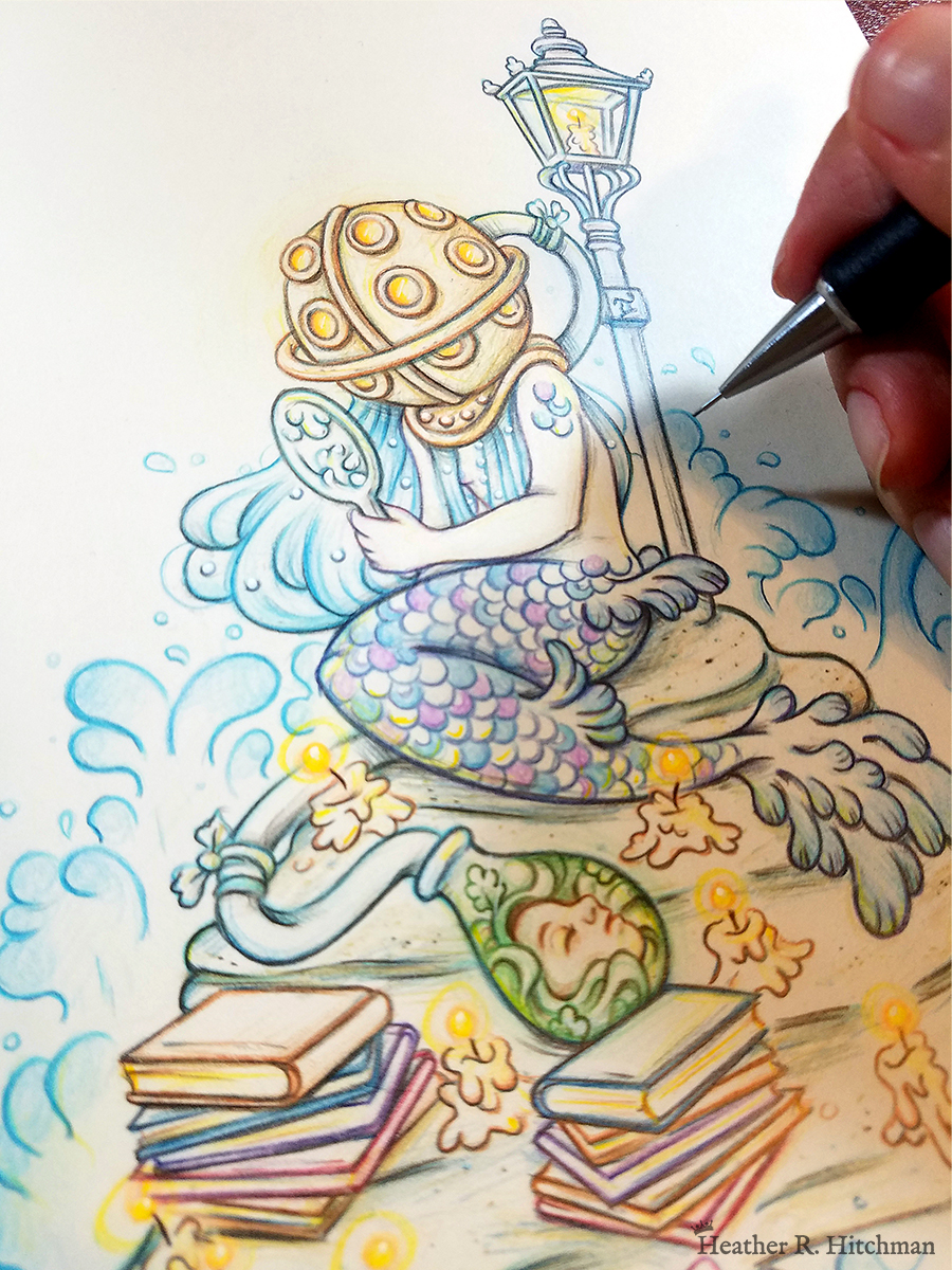 Colored pencil and graphite drawing of a purple and blue mermaid wearing a massive old fashioned diving helmet with many circular glass view holes. The mermaid holds a hand mirror gazing upon her reflection while her blue hair moves with the wind. The mermiad sits atop a small island covered in books and twinkling candles in the middle of the sea. Behind her the waves crash against a lamppost that stands on the island behind the mermaid. There is a glass jar by the mermaid’s tail with a green woman’s face inside. The jar is connected by a hose to the mermaid’s helmet.