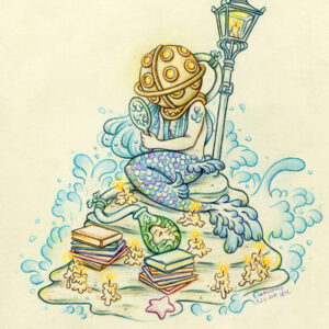 Colored pencil and graphite drawing of a purple and blue mermaid wearing a massive old fashioned diving helmet with many circular glass view holes. The mermaid holds a hand mirror gazing upon her reflection while her blue hair moves with the wind. The mermiad sits atop a small island covered in books and twinkling candles in the middle of the sea. Behind her the waves crash against a lamppost that stands on the island behind the mermaid. There is a glass jar by the mermaid’s tail with a green woman’s face inside. The jar is connected by a hose to the mermaid’s helmet.