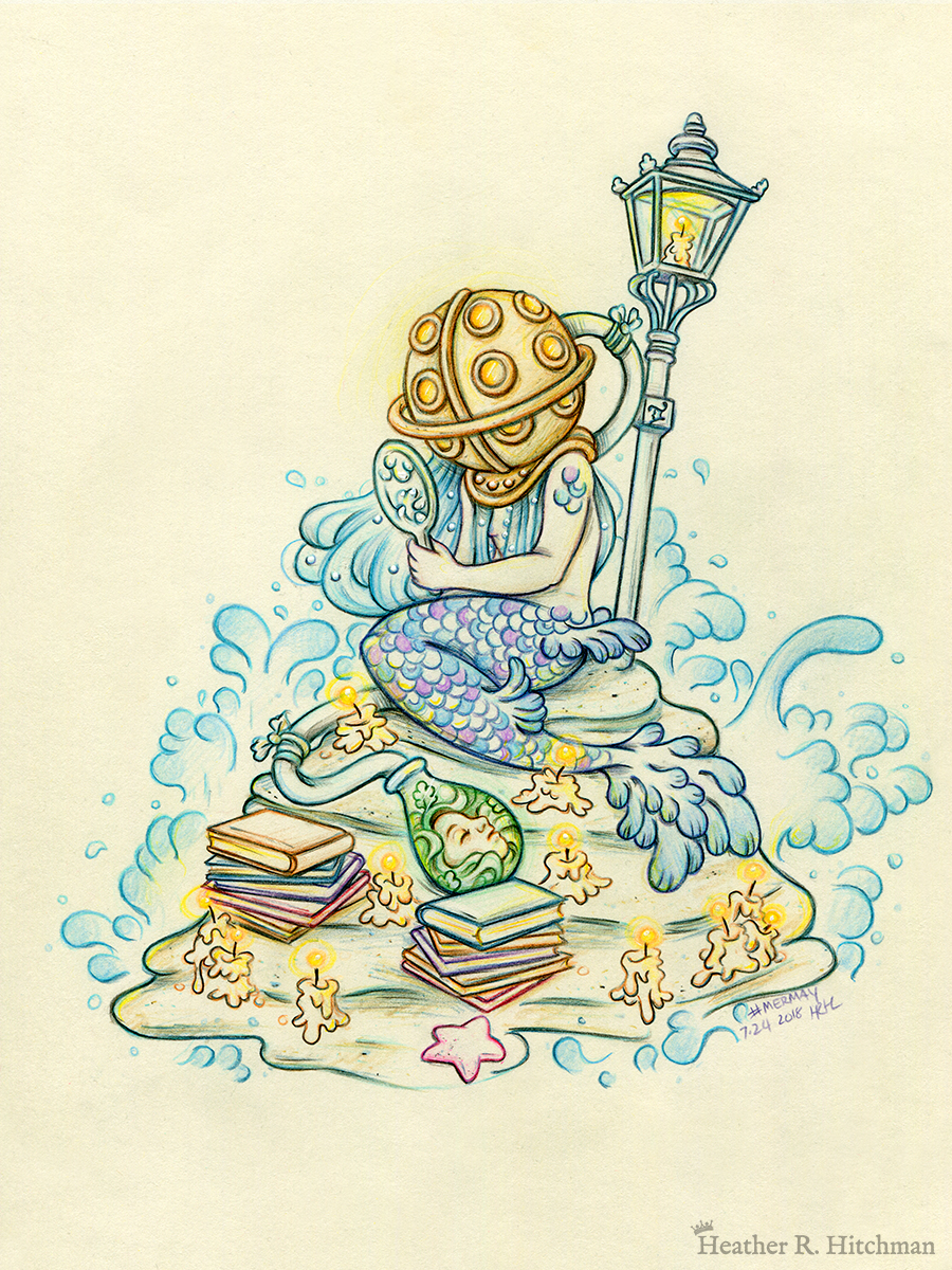 Colored pencil and graphite drawing of a purple and blue mermaid wearing a massive old fashioned diving helmet with many circular glass view holes. The mermaid holds a hand mirror gazing upon her reflection while her blue hair moves with the wind. The mermiad sits atop a small island covered in books and twinkling candles in the middle of the sea. Behind her the waves crash against a lamppost that stands on the island behind the mermaid. There is a glass jar by the mermaid’s tail with a green woman’s face inside. The jar is connected by a hose to the mermaid’s helmet.