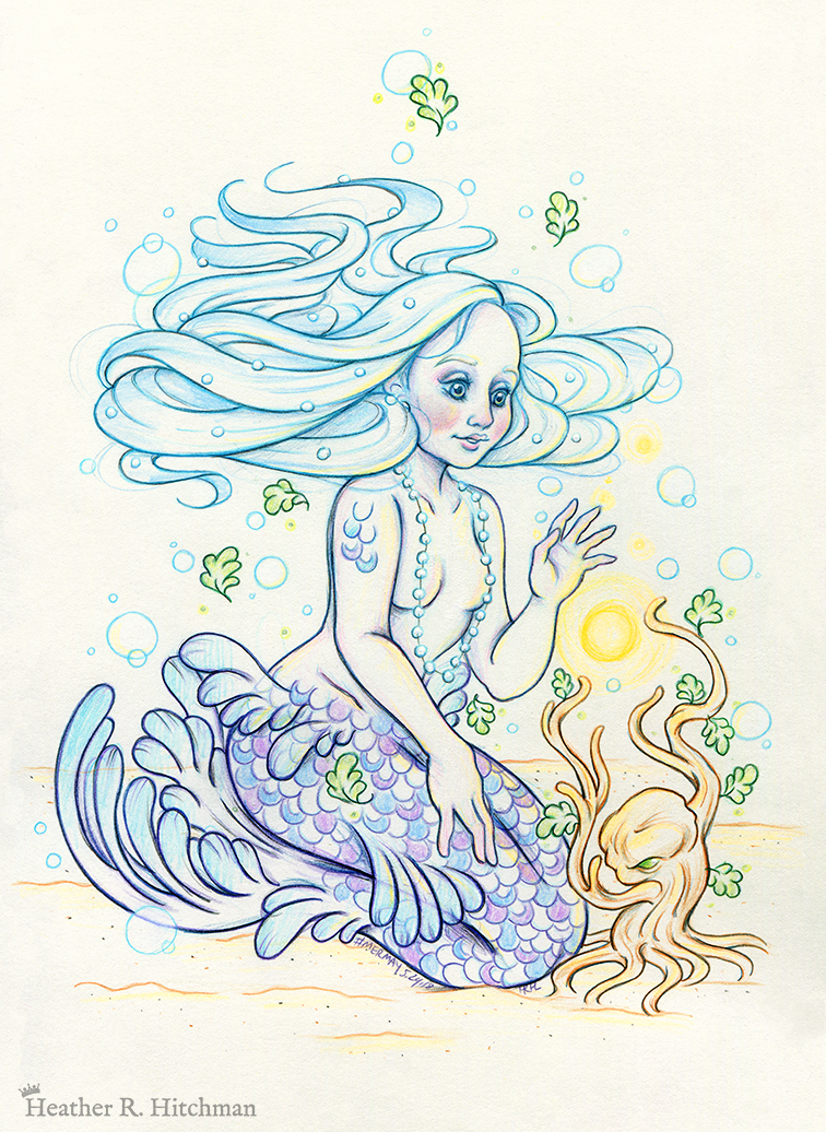 Colored pencil and graphite full body drawing of a purple and blue mermaid sitting on top of her tail in the sand at the bottom of the sea. The mermaid has light purple and blue scales on her tail and shoulders, and flowing light blue hair that is hovering around her head. She sits at a ¾ position facing to the right. A string of white pearls are worn around the mermaid’s neck that discreetly cover her bare chest. Gazing with a mystified expression towards a strange woody plant growing in the sand, she reaches forward towards a round orb of golden light hovering between herself and the plant.