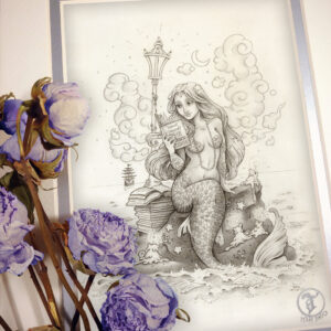 Photograph of a matted print of a black and white graphite full body drawing of a mermaid reading a book under the moonlight while sitting on a rock in the middle of the sea. The rock is covered in glowing candles and also has a pile of books besides the mermaid’s tail. An old fashioned street lantern covered in barnacles is attached to the rock, illuminating the night around the mermaid’s face. Gentle waves wash up against the rock. Loose pages from books float in the water into the distance, leading towards a mysterious ship that vanishes into the night. Puffy fish shaped clouds fill the nigh sky surrounding a crescent moon. The mermaid is holding a book in her right hand up to her face. Her other hand is placed behind her as she leans back slightly, her left arm supporting her weight. Her body faces the viewer, and she has a peaceful smile as she looks towards the book and reads. Purple roses rest on top of the print to the left. A small silver stamp with the Terratoff icon is at the bottom right corner of the print.