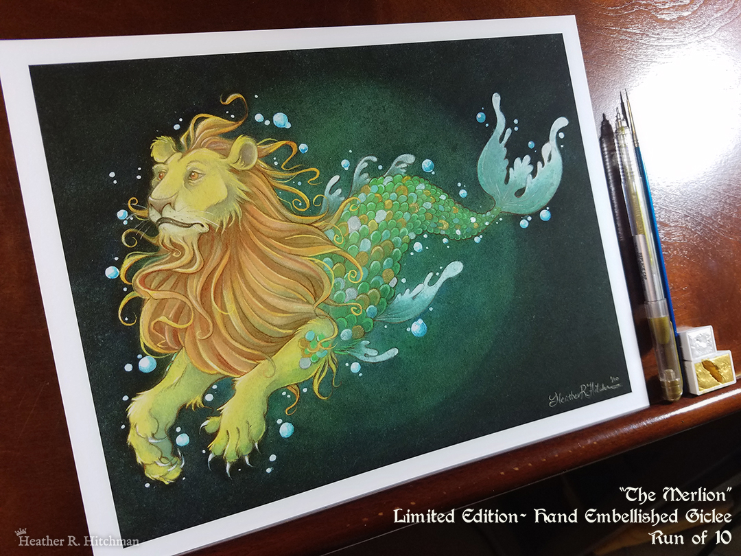 Photograph of a print of a watercolor, gouache and colored pencil full body painting of a mermaid lion under the sea surrounded by blue bubbles. Also known as a merlion, the creature has the torso and front legs of a golden lion and the tail of a fish. The merlion is swimming to the left at a ¾ angle with a tranquil expression on its face. He has bright orange eyes, a flowing orange gold mane, and yellowish gold fur. His tail hovers behind him, covered in gold and green scales of every shade. The merlion’s fins and tail fin are a soft green color that fades to white on the edges. In the background the waters are a deep teal green with a lighter circle of green directly behind the merlion. The print has a ½ inch white border around the edges. The print is upright against a wooden backdrop, with a paintbrush, gold pen, and small pans of gold and silver pigment to the right side of the print.