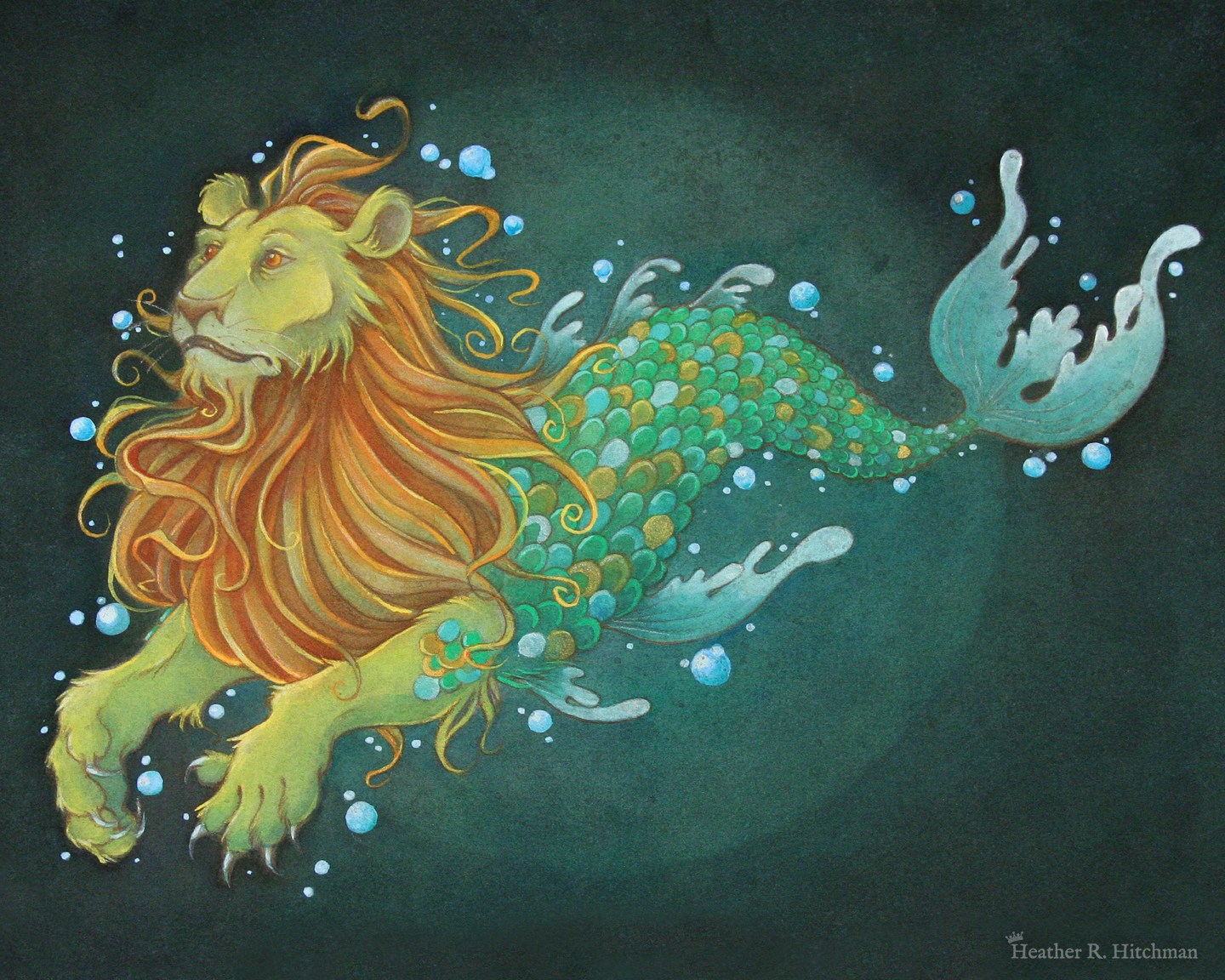 Watercolor, gouache and colored pencil full body painting of a mermaid lion under the sea surrounded by blue bubbles. Also known as a merlion, the creature has the torso and front legs of a golden lion and the tail of a fish. The merlion is swimming to the left at a ¾ angle with a tranquil expression on its face. He has bright orange eyes, a flowing orange gold mane, and yellowish gold fur. His tail hovers behind him, covered in gold and green scales of every shade. The merlion’s fins and tail fin are a soft green color that fades to white on the edges. In the background the waters are a deep teal green with a lighter circle of green directly behind the merlion.