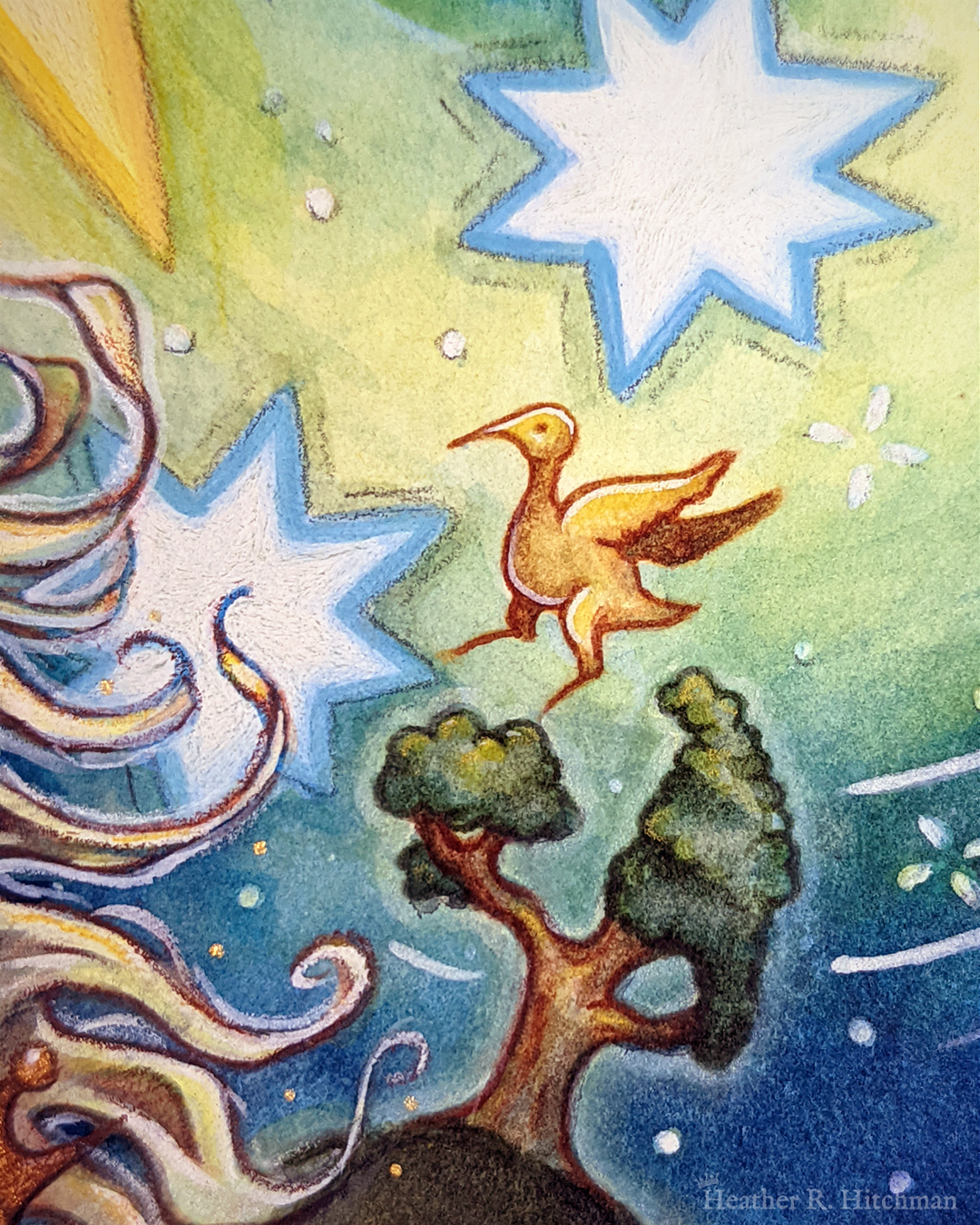Close up photo of the watercolor and gouache painting of "The Star" by Heather R . Hitchman. The closeup focuses on a yellow ibis bird flapping its wings on top of a tree. There is a night sky behind the bird of blue, yellow and green tones, with sparkling white stars in the sky.
