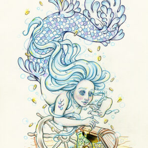 Blue Mermaid swimming underwater in the sea searching for a treasure chest