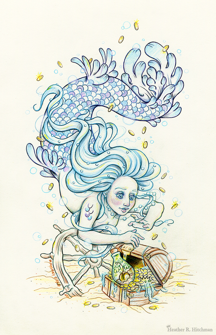 Blue Mermaid swimming underwater in the sea searching for a treasure chest