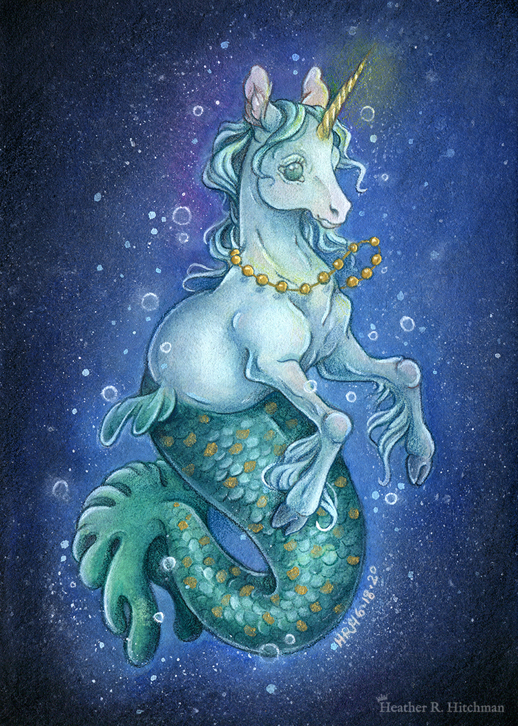 Full body watercolor, gouache, and colored pencil painting of a mermaid unicorn under the sea. Also known as a mermacorn, the creature has a white unicorn torso and a green mermaid tail. The mermacorn appears to be a young colt, with large light green eyes, a short glowing golden horn, and long spindly front legs. The unicorn wears a necklace of golden pearls and floats effortlessly in the dark waters with a smile on its face. They are facing ¾ to the right, and appear to be glowing so that the dark waters immediately around them are illuminated to a lighter blue color. The mermacorn has golden scales scattered among the length of its green tail. The background is a gradient of blue water, with white bubbles surrounding the floating mermacorn from head to tail.