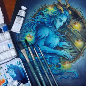 Watercolor and gouache painting of a blue faun playing piano in a light rain. The faun sits at a ¾ angle, with a tranquil expression while looking down at his hands playing the keys below. Fireflies fly around him and illuminate the dark blue scene. A circular hoop of branches frames the faun and piano from the waist up, leaving only a portion of the top of the piano visible. The faun appears to be leaning towards the viewer with his torso slightly exiting the frame of branches. His long blue hair and twisting goat horns protrude outside of the branch frame, creating a feeling of depth and three dimensional space. Watercolor paints and brushes are placed on top of the painting across the left side.