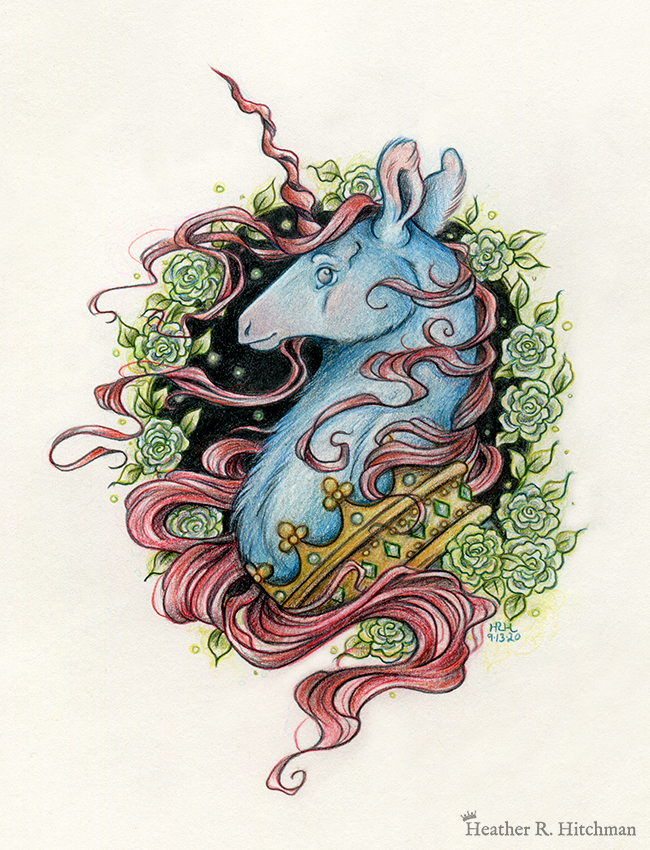 Graphite and colored pencil portrait drawing of a blue and red dark unicorn bust framed in a circular wreath of soft green gardenia flowers. The background inside of the wreath behind the unicorn is black with tiny orbs of green light floating around. Outside of the wreath the portrait has a sepia background color. The unicorn lifts his head proudly in profile facing to the left. He has a flowing red mane and chin beard, blue fur, and a long red corkscrew horn in the center of his forehead. The dark unicorn wears a large crown of emerald and ruby jewels around his neck.