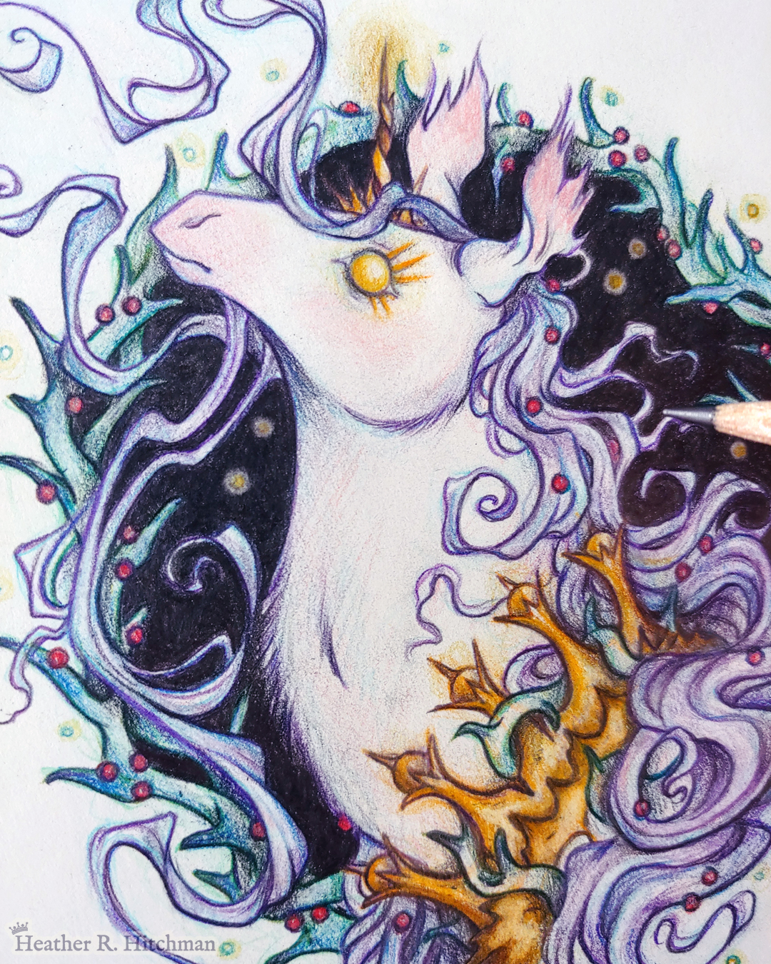 Process photograph of a graphite and colored pencil portrait drawing of a corrupted rotten unicorn with pinkish white fur and a flowing purple mane, framed in a circular wreath of thorns growing small red berries. The background inside of the wreath behind the unicorn is black with tiny orbs of golden light floating around. Outside of the wreath the portrait has a sepia background color. The unicorn is throwing up her head in profile facing to the left with a stern expression. Her golden eye has long sharp golden lashes, and gazes towards the viewer. She has a short broken golden horn in the center of her forehead. The unicorn wears a thorny golden crown around her neck. The artist’s fingertips are visible in the bottom right corner holding a graphite pencil.