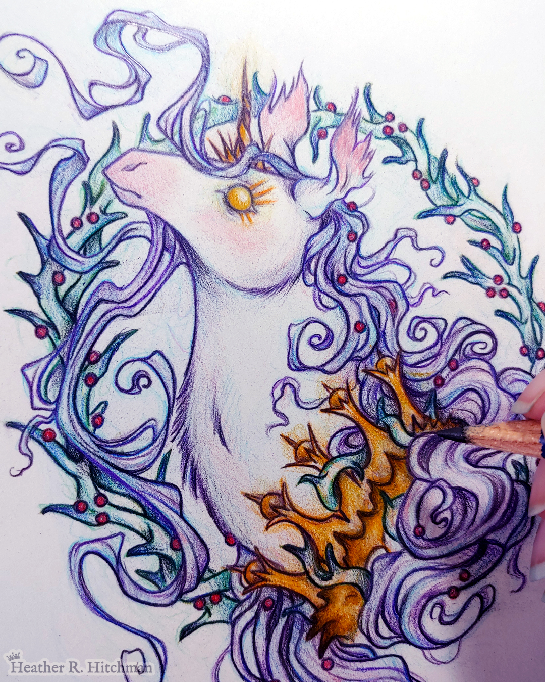 Process photograph of a graphite and colored pencil portrait drawing of a corrupted rotten unicorn with pinkish white fur and a flowing purple mane, framed in a circular wreath of thorns growing small red berries. The background inside of the wreath behind the unicorn is white. Outside of the wreath the portrait has a white background color. The unicorn is throwing up her head in profile facing to the left with a stern expression. Her golden eye has long sharp golden lashes, and gazes towards the viewer. She has a short broken golden horn in the center of her forehead. The unicorn wears a thorny golden crown around her neck. The artist’s fingertips are visible in the bottom right corner holding a graphite pencil.
