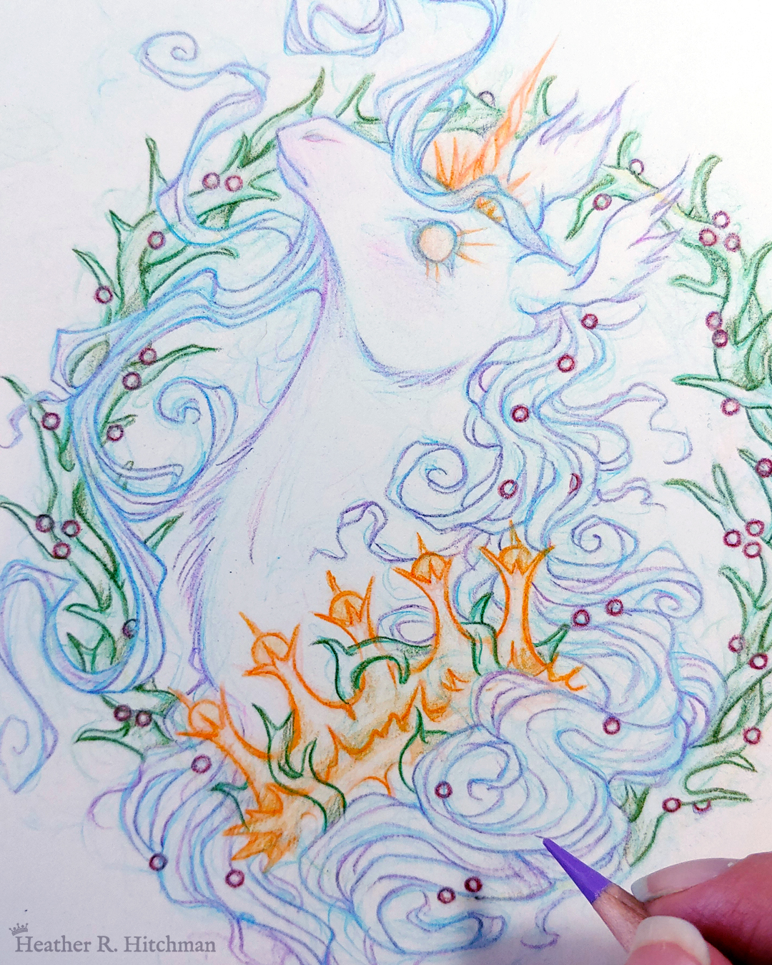 Process photograph of a graphite and colored pencil portrait drawing of a corrupted rotten unicorn with pinkish white fur and a flowing purple mane, framed in a circular wreath of thorns growing small red berries. The background inside of the wreath behind the unicorn is white. Outside of the wreath the portrait has a white background color. The unicorn is throwing up her head in profile facing to the left with a stern expression. Her golden eye has long sharp golden lashes, and gazes towards the viewer. She has a short broken golden horn in the center of her forehead. The unicorn wears a thorny golden crown around her neck. The artist’s fingertips are visible in the bottom right corner holding a graphite pencil.