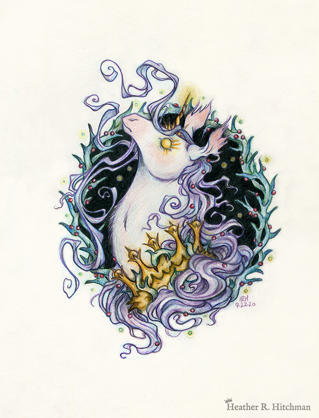 Graphite and colored pencil portrait drawing of a corrupted rotten unicorn with pinkish white fur and a flowing purple mane, framed in a circular wreath of thorns growing small red berries. The background inside of the wreath behind the unicorn is black with tiny orbs of golden light floating around. Outside of the wreath the portrait has a sepia background color. The unicorn is throwing up her head in profile facing to the left with a stern expression. Her golden eye has long sharp golden lashes, and gazes towards the viewer. She has a short broken golden horn in the center of her forehead. The unicorn wears a thorny golden crown around her neck.