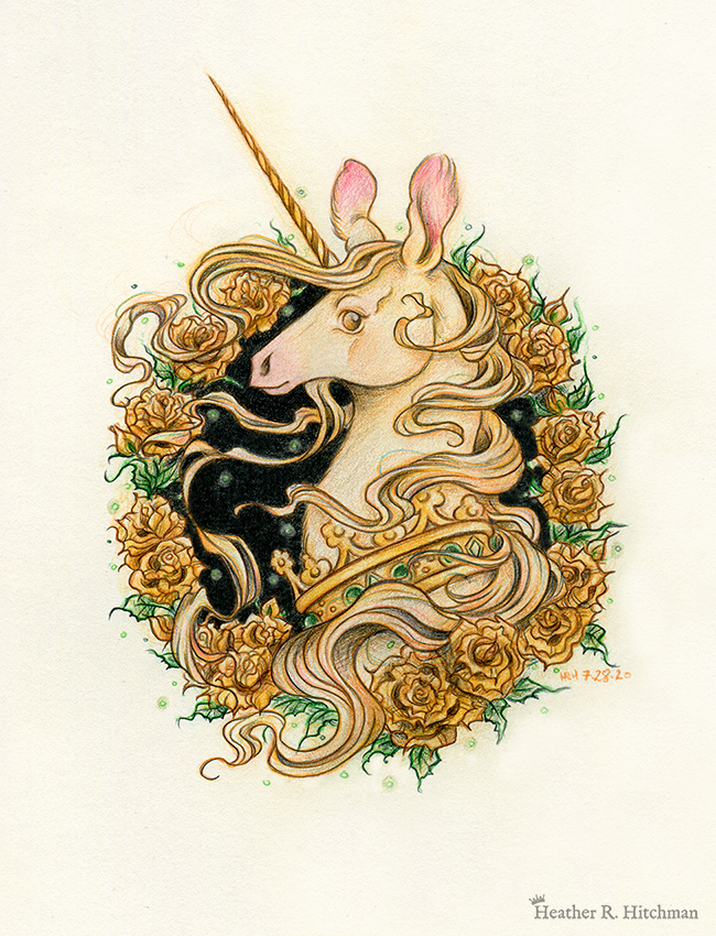 Graphite and colored pencil portrait drawing of a light gold colored royal unicorn bust framed in a circular wreath of golden roses. The background inside of the wreath behind the unicorn is black with tiny orbs of green light floating around. Outside of the wreath the portrait has a sepia background color. The unicorn lifts her head in profile facing to the left with a peaceful expression on her face. He has a flowing gold and pink mane and chin beard, light golden fur, and a long golden horn in the center of her forehead. The unicorn wears a large crown of green jewels around her neck.