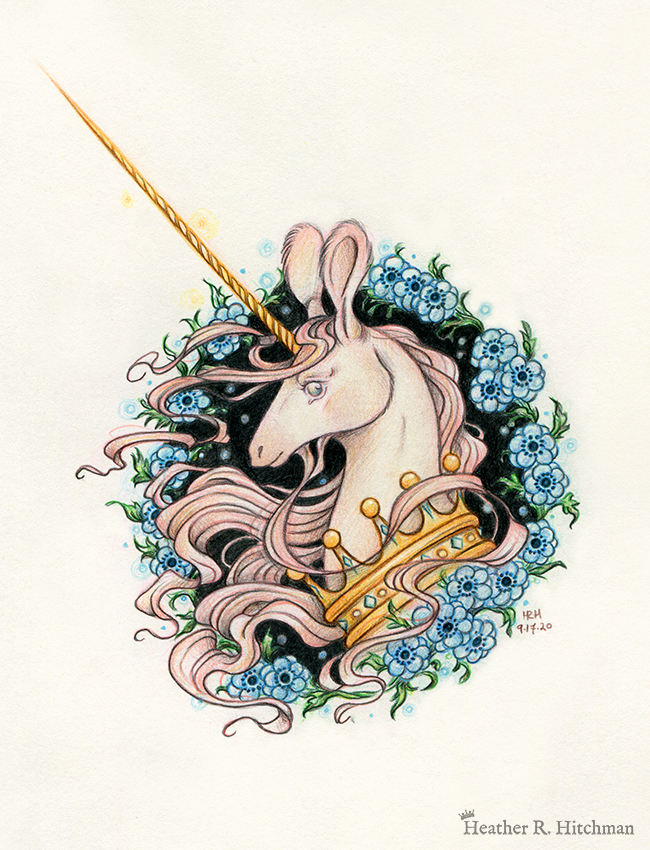 Graphite and colored pencil portrait drawing of a light pink colored swift unicorn bust framed in a circular wreath of blue anemone flowers. The background inside of the wreath behind the unicorn is black with tiny orbs of blue light floating around. Outside of the wreath the portrait has a sepia background color. The unicorn lifts her head in profile facing to the left with a gentle expression on her face. She has a flowing pink mane and chin beard, light pink fur, and an extremely long golden horn in the center of her forehead. The unicorn wears a large crown of blue and pink jewels around her neck.