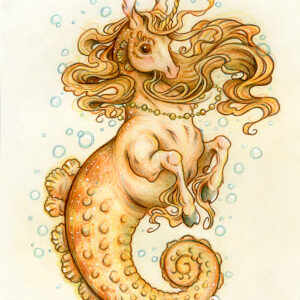 Colored pencil and graphite full body drawing of an orange unicorn mermaid with a seahorse tail. Also known as a mermacorn. The mermacorn wears a string of golden pearls around it’s neck, and is rearing upright in a friendly manner facing ¾ towards the viewer. The mermacorn’s orange hair swirls around it’s head, and bubbles float all around the creature.