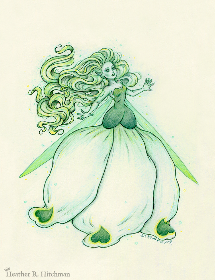 Colored pencil and graphite full body drawing of a seelie snowdrop fae. The fae faces ¾ to the right, her arms outstretched to each side and her greenish white hair billowing behind her in a heap of floating curls. The fae wears a white and green ballgown shaped like a closed upside down snowdrop blossom. She has long narrow green wings that are angled downward behind her. The fae has a round childish face, with tiny black lips and large green eyes. She looks upward and to the right with a hopeful expression on her face.