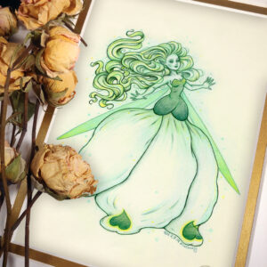 Photograph of a matted print of a colored pencil and graphite full body drawing of a seelie snowdrop fae. The fae faces ¾ to the right, her arms outstretched to each side and her greenish white hair billowing behind her in a heap of floating curls. The fae wears a white and green ballgown shaped like a closed upside down snowdrop blossom. She has long narrow green wings that are angled downward behind her. The fae has a round childish face, with tiny black lips and large green eyes. She looks upward and to the right with a hopeful expression on her face. The mat-board is white on the top layer and gold on the second layer. Yellow roses rest on top of the print to the left. A small gold stamp with the Terratoff icon is at the bottom right corner of the print.