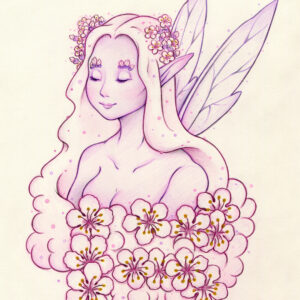 Colored pencil and graphite portrait drawing of a pink sugarplum blossom seelie fae shown from the chest up facing ¾ to the left. The fae has long pink hair the wraps around her torso, and translucent purple wings. Her chest and the temples of her hairline are covered with pink plum blossoms. She has a peaceful expression with her eyes closed.