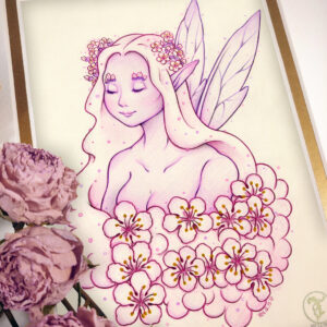 Photograph of a matted print of a colored pencil and graphite portrait drawing of a pink sugarplum blossom seelie fae shown from the chest up facing ¾ to the left. The fae has long pink hair the wraps around her torso, and translucent purple wings. Her chest and the temples of her hairline are covered with pink plum blossoms. She has a peaceful expression with her eyes closed. The mat-board is white on the top layer and gold on the second layer. Pink roses rest on top of the print to the left. A small gold stamp with the Terratoff icon is at the bottom right corner of the print.