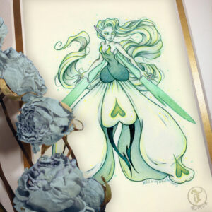Photograph of a matted print of a colored pencil and graphite full body drawing of an unseelie snowdrop fae. The fae faces straight on, her arms outstretched to each side towards the ground, and her greenish white hair billowing behind her in a long curving tendril. The fae wears a white and green gown shaped like an open upside down snowdrop blossom. Between the petals her black pointed legs can be seen floating up off the ground. She has long narrow green wings that are parallel to the position of her arms. The fae looks beautiful but evil, with long pointed fingernails and piercing yellow eyes. She looks towards the viewer with an intense yet coy expression. The mat-board is white on the top layer and gold on the second layer. Blue roses rest on top of the print to the left. A small gold stamp with the Terratoff icon is at the bottom right corner of the print.
