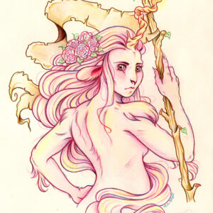 Graphite and colored pencil waist up portrait drawing of a female faun with one twisted antler in the center of her forehead. The faun is posed with her back to the viewer, looking over her right shoulder with a determined expression on her face. In her right hand she holds a tattered banner on a branch victoriously as the sepia fabric waves in the background. Her other hand is at her hip. The faun has soft pink hair and fur with yellowish highlights. Pink roses decorate her long straight hair as it waves in the background and coils around her body by her hips.