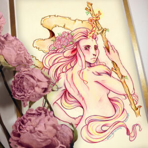 Photograph of a matted print of a graphite and colored pencil waist up portrait drawing of a female faun with one twisted antler in the center of her forehead. The faun is posed with her back to the viewer, looking over her right shoulder with a determined expression on her face. In her right hand she holds a tattered banner on a branch victoriously as the sepia fabric waves in the background. Her other hand is at her hip. The faun has soft pink hair and fur with yellowish highlights. Pink roses decorate her long straight hair as it waves in the background and coils around her body by her hips. The mat-board is white on the top layer and gold on the second layer. Pink roses rest on top of the print to the left. A small golden stamp with the Terratoff icon is at the bottom left corner of the print, under the roses.